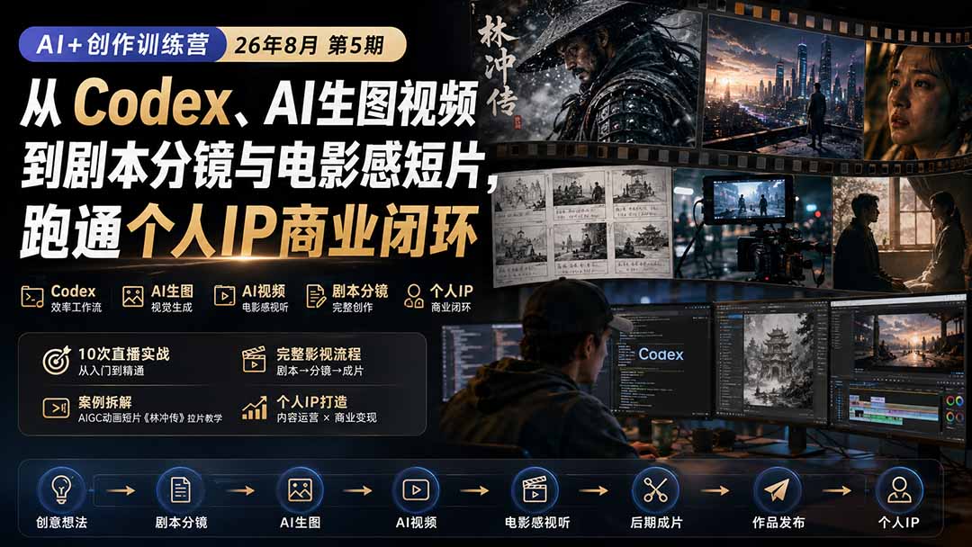 AI+创作训练营26年8月第5期：从Codex、AI生图视频到剧本分镜与电影感短片，跑通个人IP商业闭环-藏宝阁