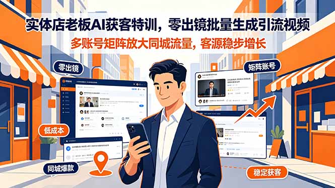 实体店老板AI获客特训，零出镜批量生成引流视频，多账号矩阵放大同城流量，客源稳步增长-藏宝阁