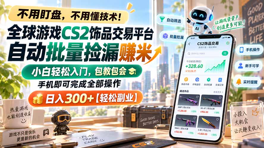 全球游戏CS2饰品交易平台自动批量捡漏赚米，小白轻松入门，包教包会，手机即可完成全部操作，日入300+【轻松副业】-藏宝阁