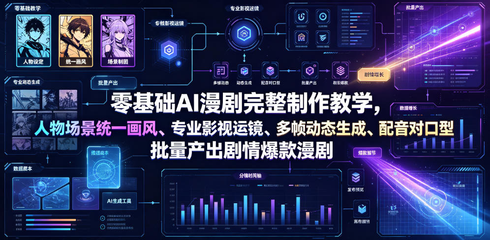 零基础AI漫剧完整制作教学，人物场景统一画风、专业影视运镜、多帧动态生成、配音对口型，批量产出剧情爆款漫剧-藏宝阁