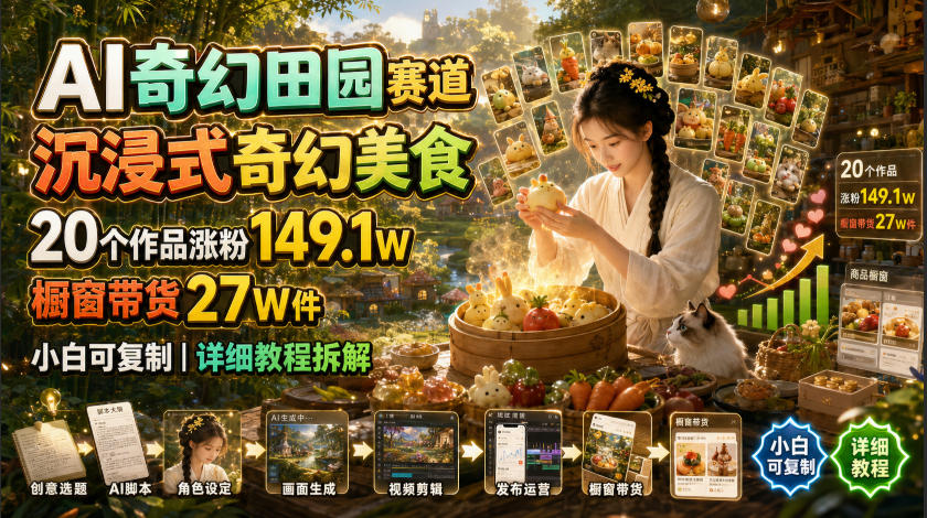 AI奇幻田园赛道，沉浸式奇幻美食，20个作品涨粉149.1W，橱窗带货27W件，小白可复制，详细教程拆解-藏宝阁