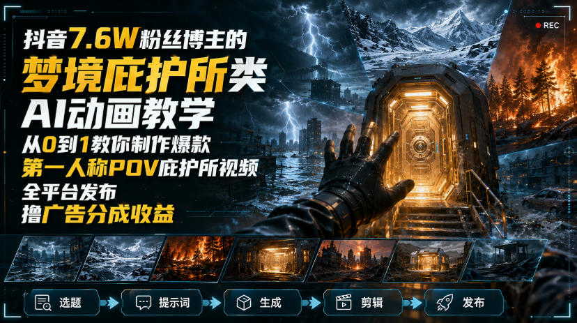 抖音7.6W粉丝博主的梦境庇护所类AI动画教学，从0到1教你制作爆款第一人称POV庇护所视频，全平台发布撸广告分成收益-藏宝阁
