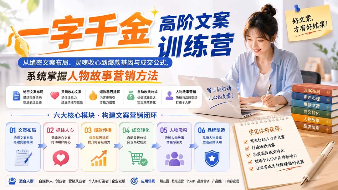 一字千金高阶文案训练营：从绝密文案布局、灵魂收心到爆款基因与成交公式，系统掌握人物故事营销方法-藏宝阁