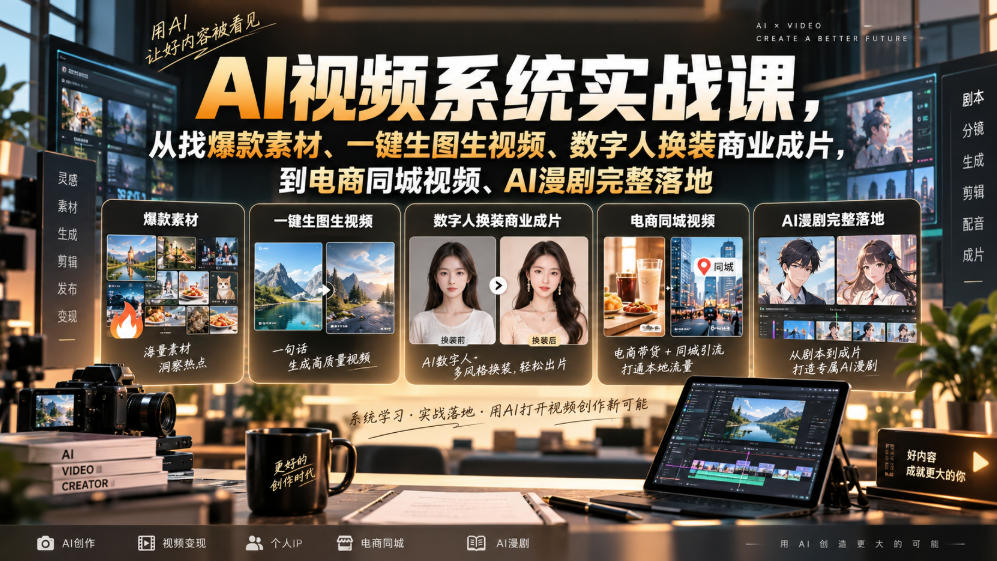 AI视频系统实战课，从找爆款素材、一键生图生视频、数字人换装商业成片，到电商同城视频、AI漫剧完整落地-藏宝阁