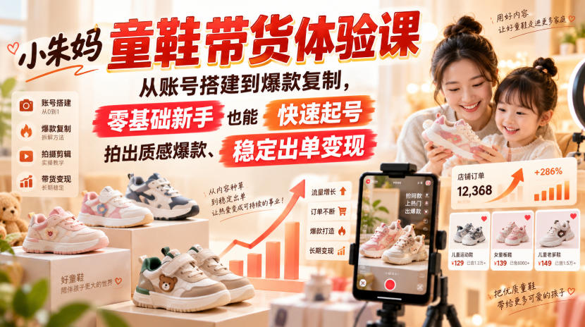 小朱妈童鞋带货体验课，从账号搭建到爆款复制，零基础新手也能快速起号、拍出质感爆款、稳定出单变现-藏宝阁