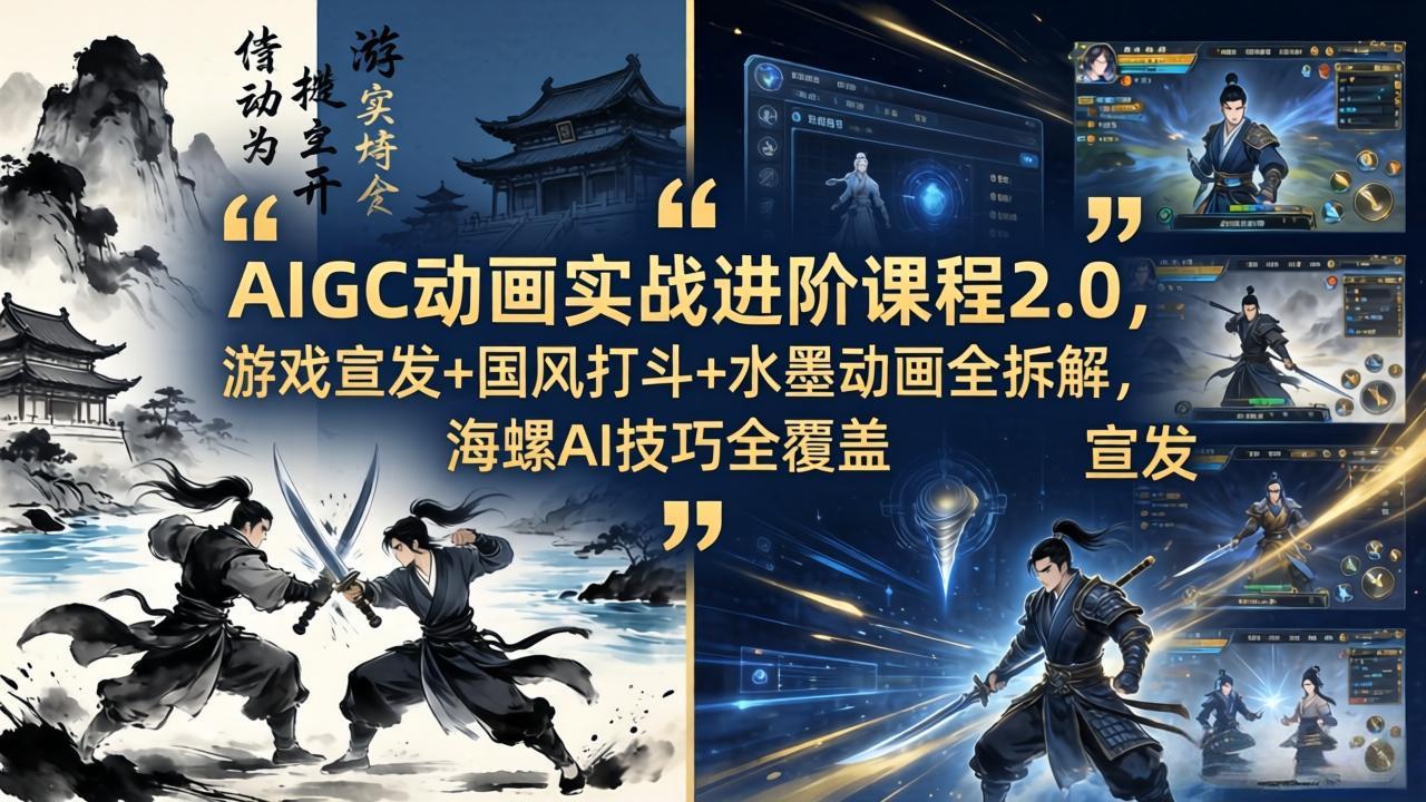 AIGC动画实战进阶课程2.0，游戏宣发+国风打斗+水墨动画全拆解，海螺AI技巧全覆盖-藏宝阁