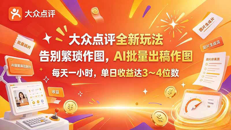 大众点评全新玩法，不用繁琐作图，AI 批量出稿作图，每天一小时，单日收益达 3～4 位数-藏宝阁