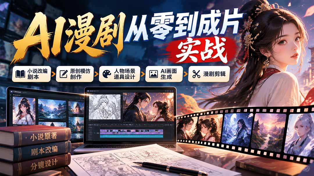 AI漫剧从零到成片实战：小说改编剧本、原创模仿创作、人物场景道具设计、AI画面生成与漫剧剪辑-藏宝阁