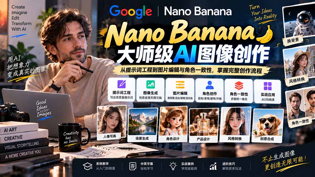 【无水印】Nano Banana大师级AI图像实战课：从提示词工程到图片编辑与角色一致性，掌握完整创作流程-藏宝阁