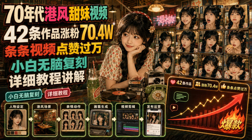 70年代港风甜妹视频，42条作品涨粉70.4W，条条视频点赞过万，小白无脑复刻，详细教程讲解-藏宝阁