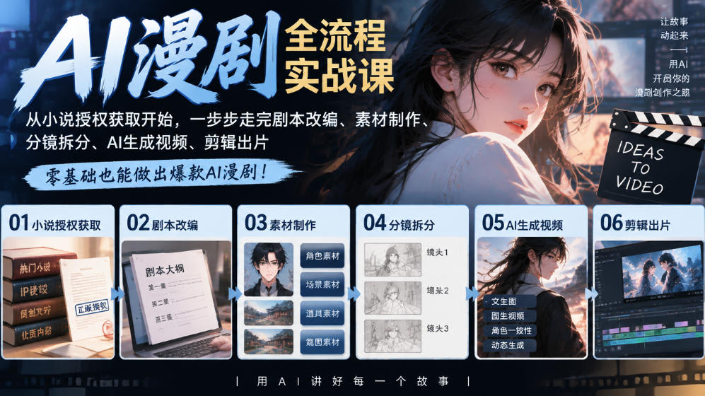 AI漫剧全流程实战课｜从小说授权获取开始，一步步走完剧本改编、素材制作、分镜拆分、AI生成视频、剪辑出片全流程-藏宝阁