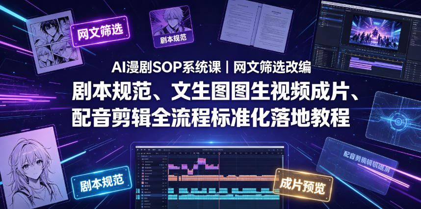 AI漫剧SOP系统课｜网文筛选改编、剧本规范、文生图图生视频成片、配音剪辑全流程标准化落地教程(更新0826)-藏宝阁