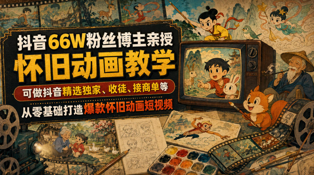抖音66W粉丝博主亲授怀旧动画教学，可做抖音精选独家、收徒、接商单等，从零基础打造爆款怀旧动画短视频-藏宝阁