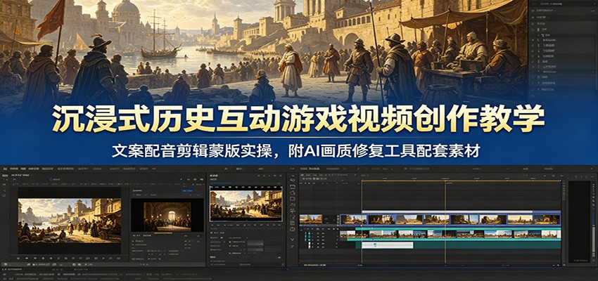沉浸式历史互动游戏视频创作教学：文案配音剪辑蒙版实操，附AI画质修复工具配套素材-藏宝阁