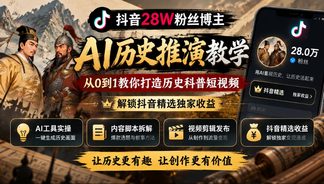 抖音28W粉丝博主的AI历史推演教学，从0到1教你打造历史科普短视频，解锁抖音精选独家收益-藏宝阁