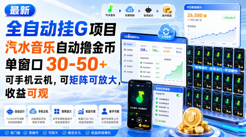 最新全自动挂G项目，汽水音乐自动撸金币单窗口30-50+，可手机云机，可矩阵可放大，收益可观-藏宝阁