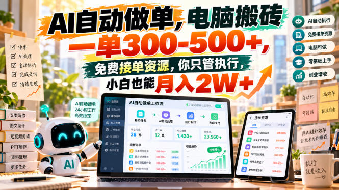 AI自动做单，电脑搬砖一单300-500+，免费接单资源，你只管执行，小白也能月入2W+【揭秘】-藏宝阁