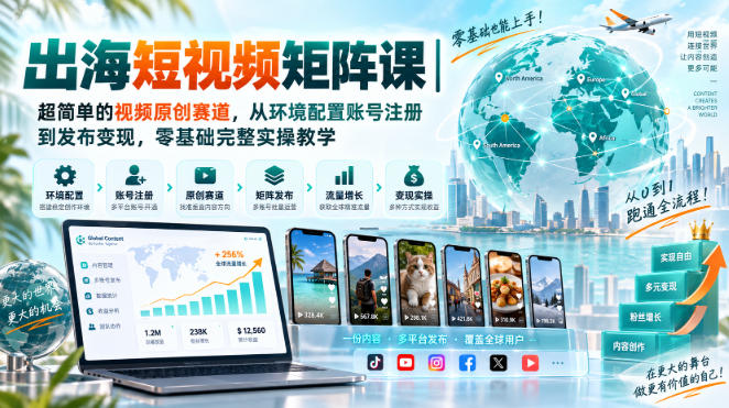 出海短视频矩阵课｜超简单的视频原创赛道，从环境配置账号注册到发布变现，零基础完整实操教学-藏宝阁