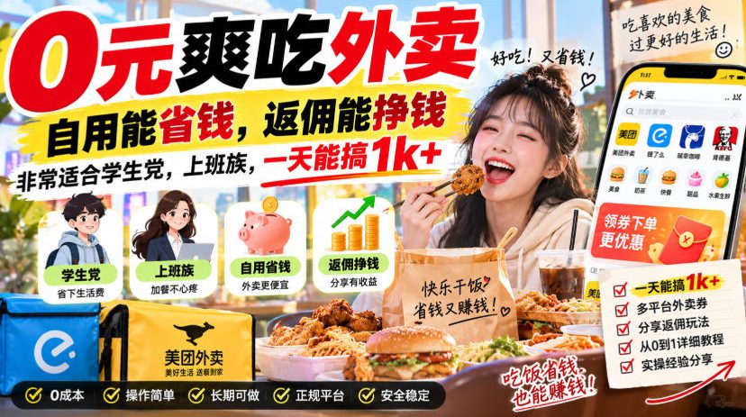 0元爽吃外卖，自用能省钱，返佣能挣钱，非常适合学生党，上班族，一天能搞1k+-藏宝阁