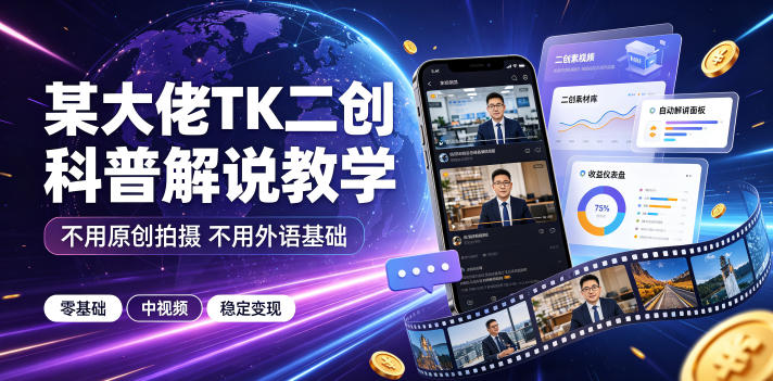 某大佬TK二创科普解说教学，不用原创拍摄不用外语基础，零基础做TikTok中视频稳定变现-藏宝阁