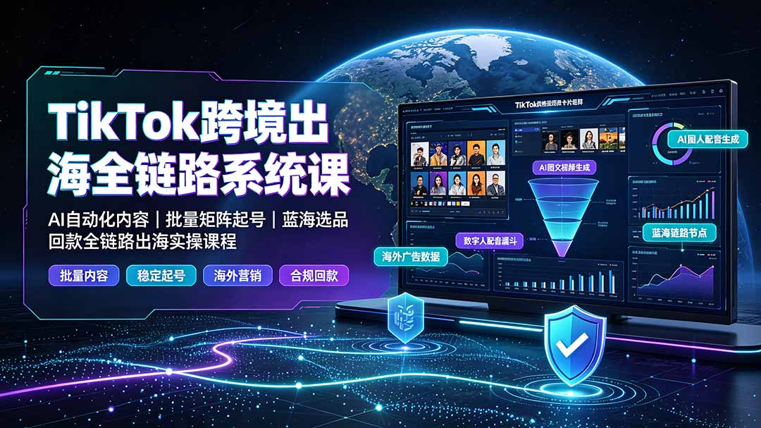 TikTok跨境出海全链路系统课-2026年7月：AI自动化内容｜批量矩阵起号｜蓝海选品回款全链路出海实操课程-藏宝阁