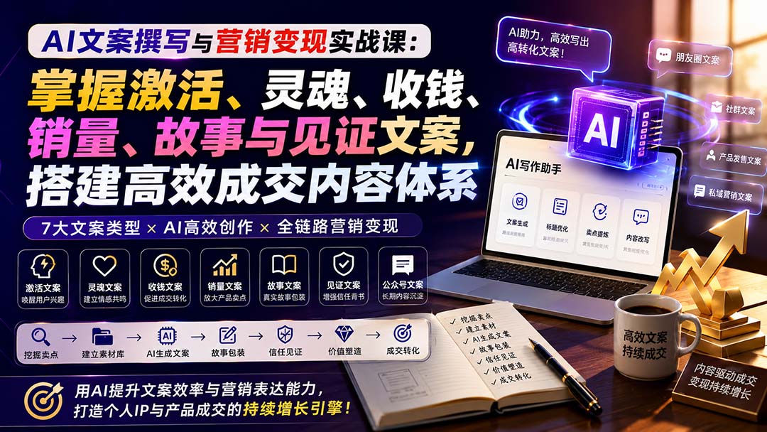 AI文案撰写与营销变现实战课：掌握激活、灵魂、收钱、销量、故事与见证文案，搭建高效成交内容体系-藏宝阁