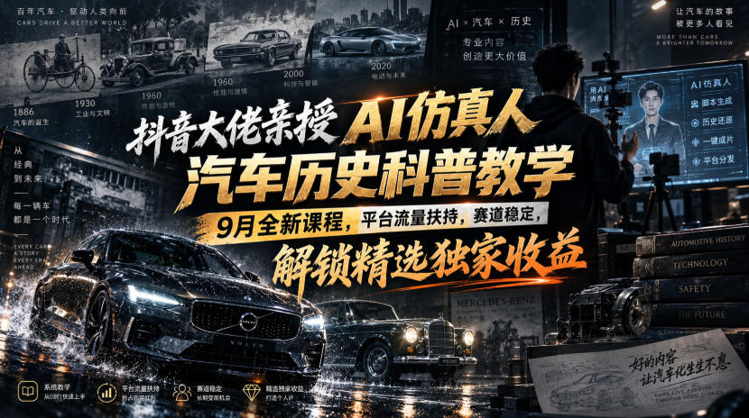 抖音大佬亲授AI仿真人汽车历史科普教学，9月全新课程，平台流量扶持，赛道稳定，解锁精选独家收益-藏宝阁