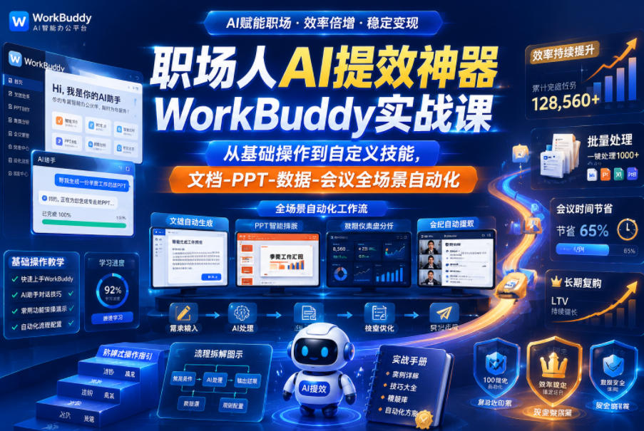 职场人AI提效神器WorkBuddy实战课，从基础操作到自定义技能，文档-PPT-数据-会议全场景自动化-藏宝阁
