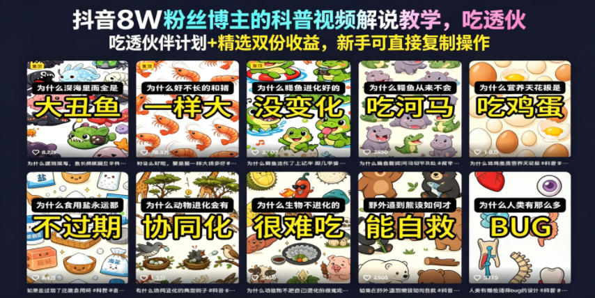 抖音8W粉丝博主的科普视频解说教学，吃透伙伴计划+精选双份收益，新手可直接复制操作-藏宝阁
