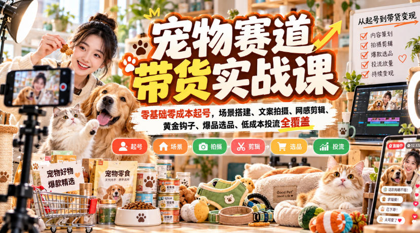 宠物赛道带货实战课，零基础零成本起号，场景搭建、文案拍摄、网感剪辑、黄金钩子、爆品选品、低成本投流全覆盖-藏宝阁