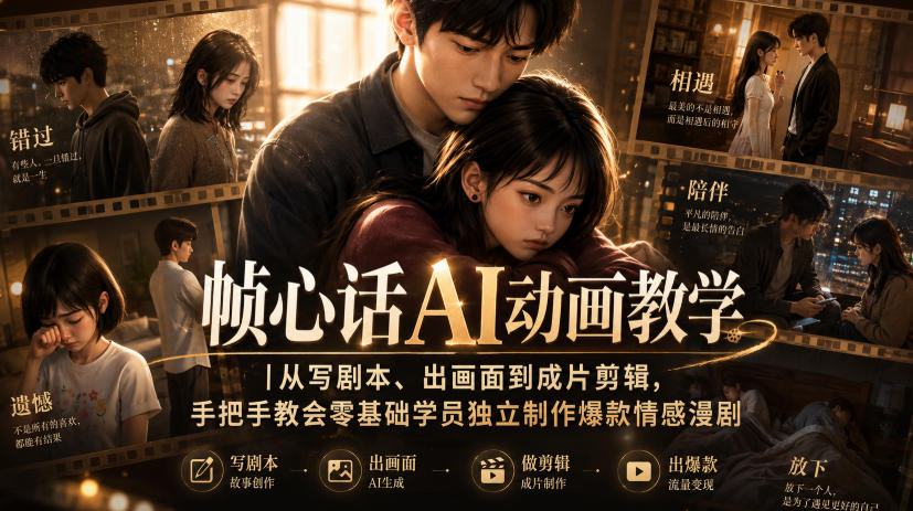 帧心话AI动画教学｜从写剧本、出画面到成片剪辑，手把手教会零基础学员独立制作爆款情感漫剧-藏宝阁