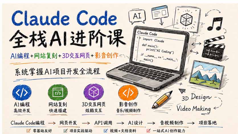 Claude Code全栈AI进阶课-更新；AI编程+网站复刻+3D交互网页+影音创作，系统掌握AI项目开发全流程-藏宝阁