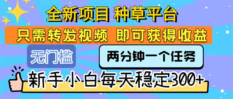 全新项目 种草平台 只需要转发任务视频 即可获得收益 新手小白每天300+-藏宝阁