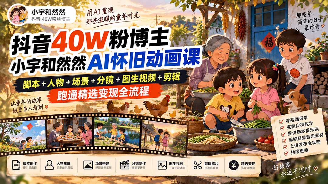 抖音40W粉博主小宇和然然AI怀旧动画课｜脚本+人物+场景+分镜+图生视频+剪辑，跑通精选变现全流程-藏宝阁
