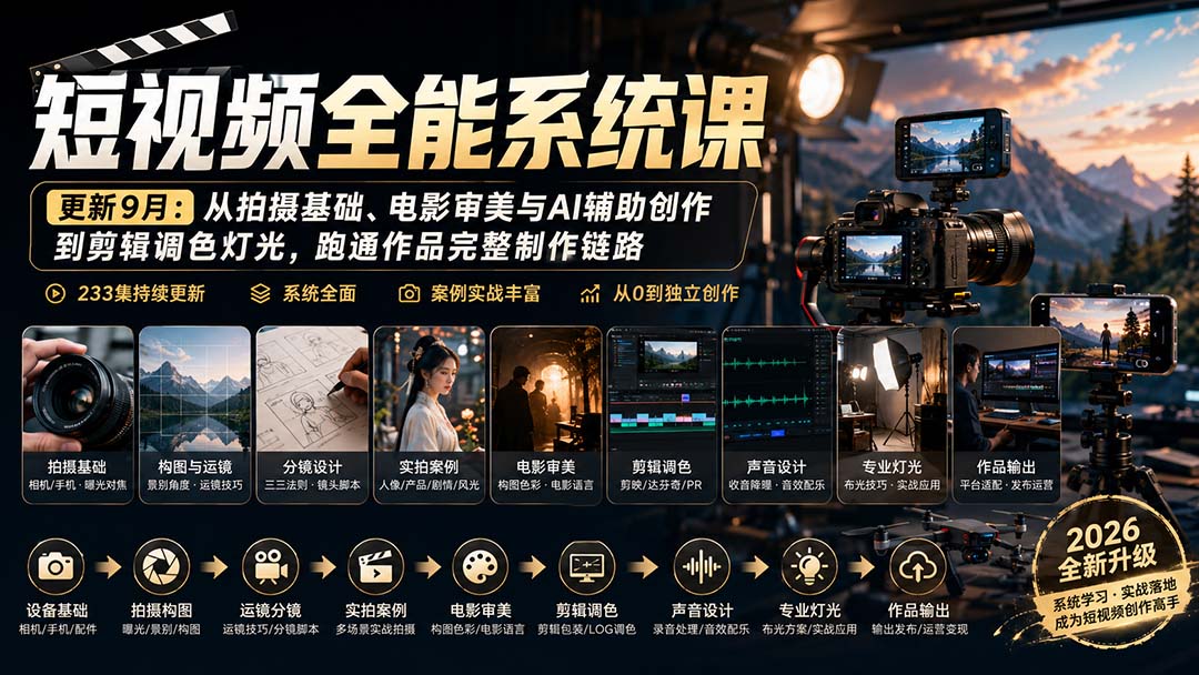 短视频全能系统课-9月完整版：从拍摄基础、电影审美与AI辅助创作到剪辑调色灯光，跑通作品完整制作链路-藏宝阁