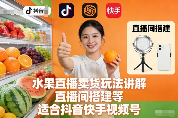 水果直播卖货玩法讲解、直播间搭建等，适合抖音快手视频号-藏宝阁