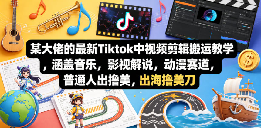 某大佬的最新Tiktok中视频剪辑搬运教学，涵盖音乐，影视解说，动漫赛道，普通人出海撸美刀-藏宝阁