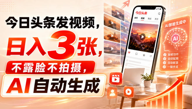 今日头条发视频，日入3张，不露脸不拍摄，AI自动生成-藏宝阁
