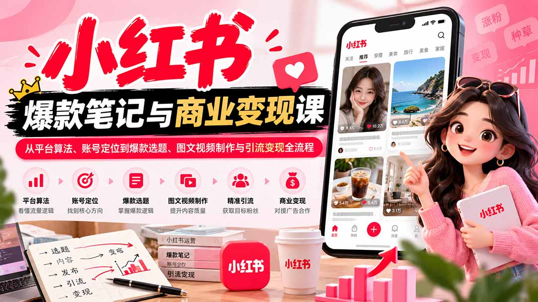 2026小红书爆款笔记与商业变现课：从平台算法、账号定位到爆款选题、图文视频制作与引流变现全流程-藏宝阁