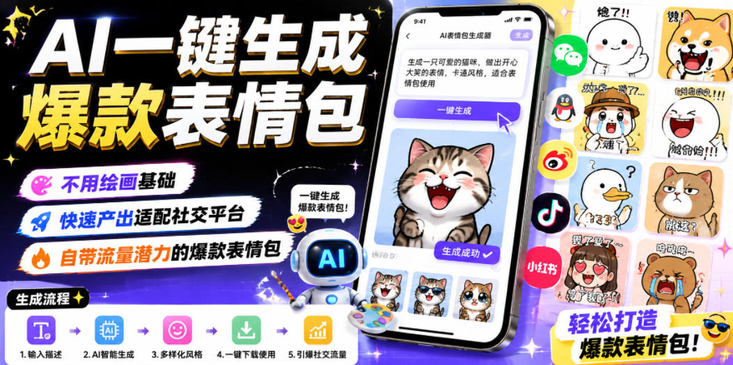 AI一键生成爆款表情包，不用绘画基础，快速产出适配社交平台，自带流量潜力的爆款表情包-藏宝阁