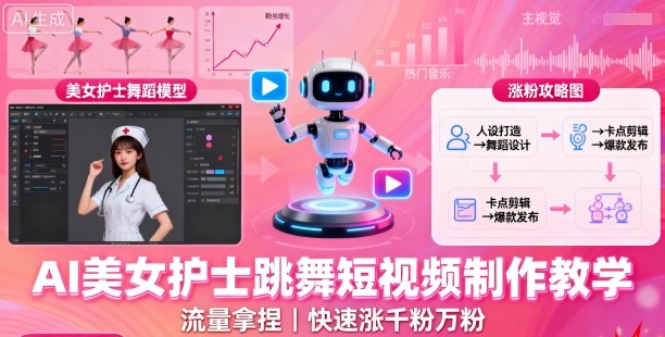 AI美女护士跳舞短视频制作教学，流量拿捏，快速涨千粉万粉【提示词+视频教程】-藏宝阁