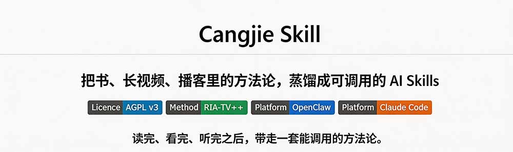 图片[1]-全网走红！GitHub上6.7K Star的开源项目，把任何书、长视频、播客蒸馏成AI工具，值得收藏 cangjie-skill-藏宝阁