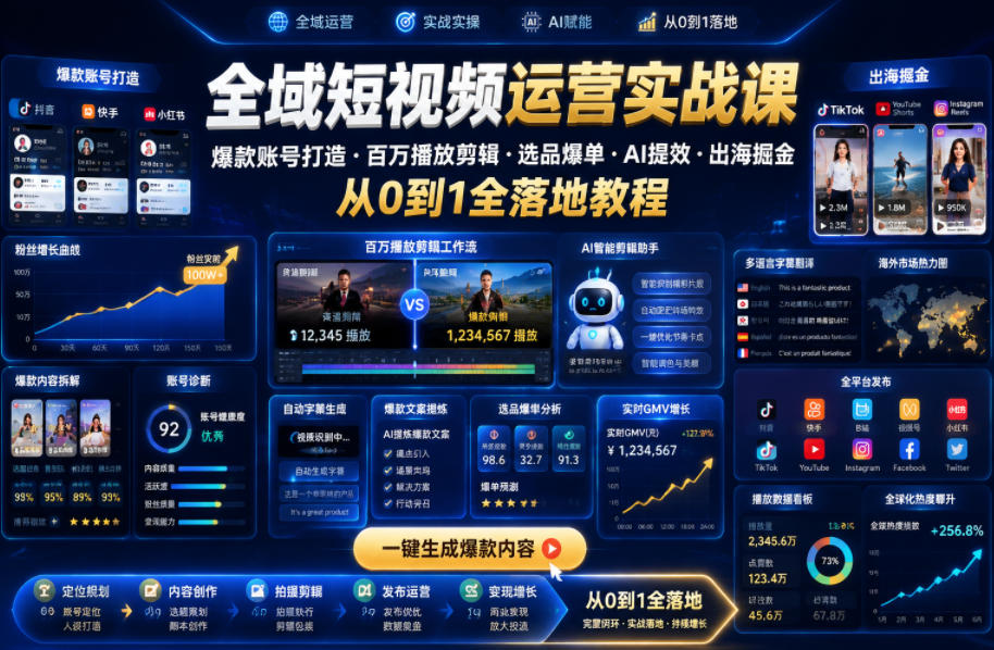 全域短视频运营实战课，爆款账号打造・百万播放剪辑・选品爆单・AI提效・出海掘金，从0到1全落地教程-藏宝阁