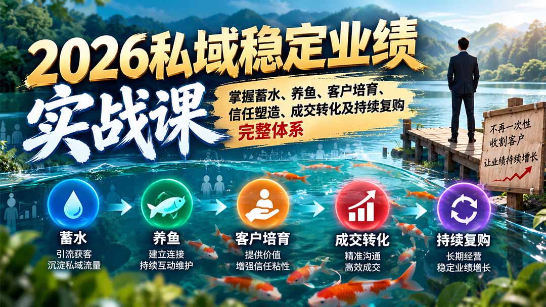2026私域稳定业绩实战课：掌握蓄水、养鱼、客户培育、信任塑造、成交转化及持续复购完整体系-藏宝阁