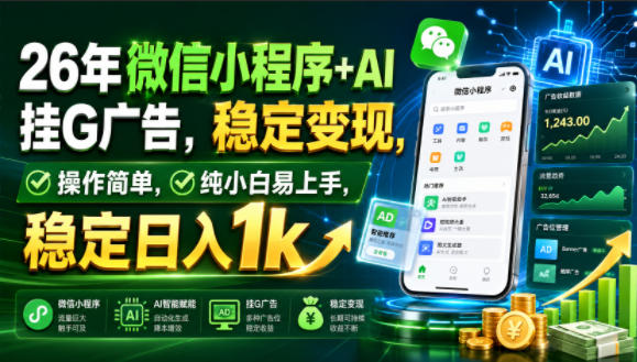 26年微信小程序+AI挂G广告，稳定变现，操作简单，纯小白易上手，稳定日入1k【揭秘】-藏宝阁