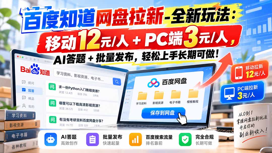 百度知道网盘拉新-全新玩法：移动12元/人+PC端3元/人，AI答题+批量发布，轻松上手长期可做！-藏宝阁