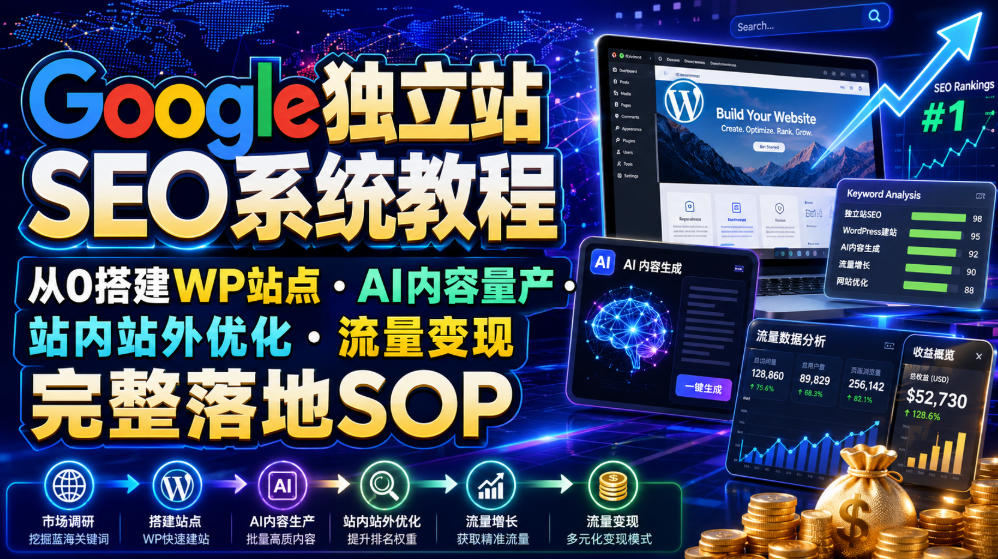 Google独立站SEO系统教程，从0搭建WP站点・AI内容量产・站内站外优化・流量变现完整落地SOP(2026年7月)-藏宝阁