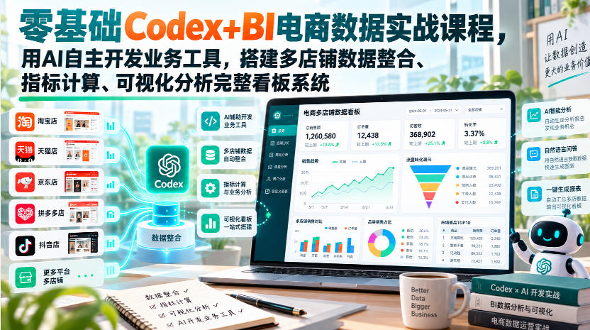 零基础Codex+BI电商数据实战课程，用AI自主开发业务工具，搭建多店铺数据整合、指标计算、可视化分析完整看板系统-藏宝阁