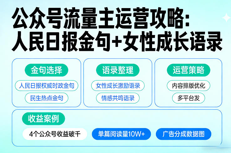 利用人民日报金句+女性成长语录做公众号流量主，4个公众号收益破千-藏宝阁