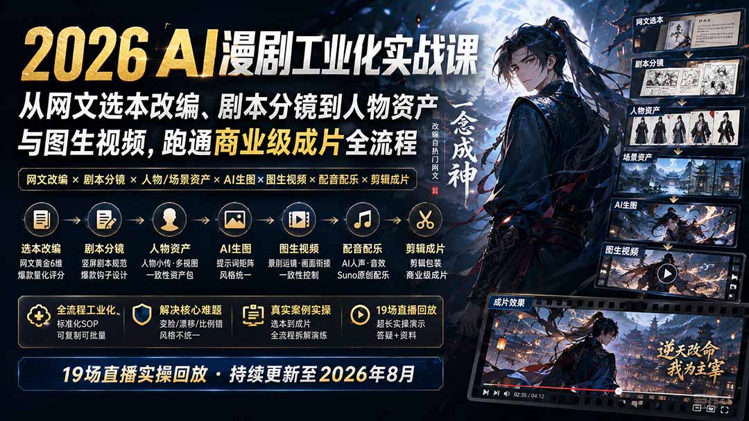 2026 AI漫剧工业化实战课-更新：从网文选本改编、剧本分镜到人物资产与图生视频，跑通商业级成片全流程-藏宝阁